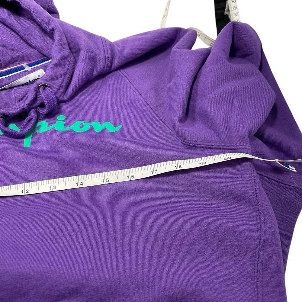 Champion L Purple Hoodie Teal Logo Raglan Pullover Sportswear Streetwear Retro‎ - Picture 6 of 8